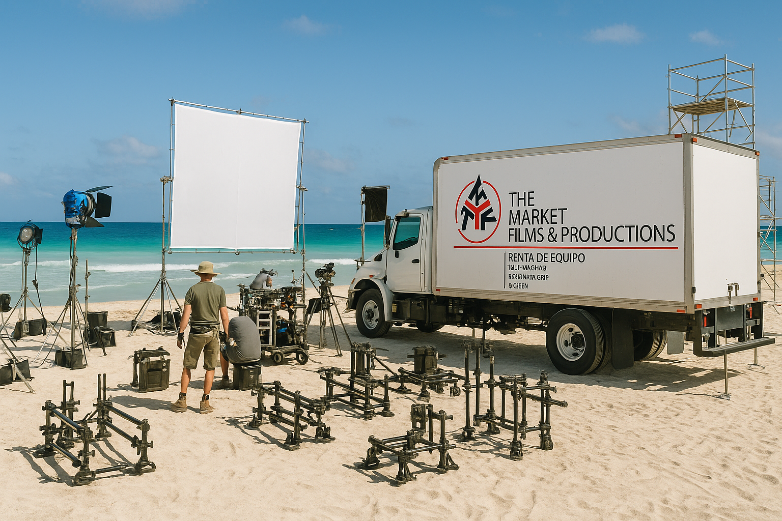 Producción en playa con camión TMF y tramoya